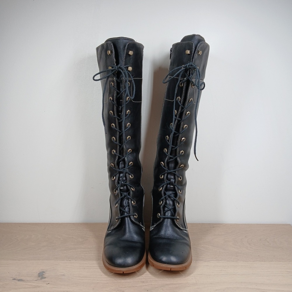 Timberland Boots Women 9.5 Black Leather Knee High Lace Up Block Heel - Picture 6 of 12